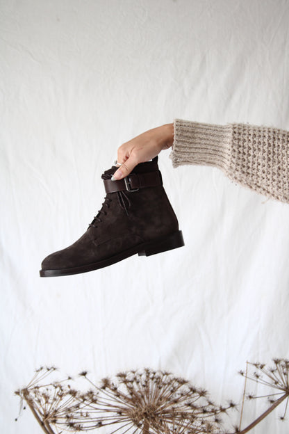 Zena lace up ankle boot in 'Dark olive' suede