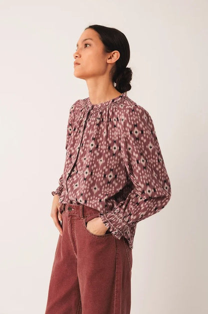 Blouse ikat pattern and smock detail in Raspberry | Indi & Cold