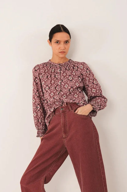 Blouse ikat pattern and smock detail in Raspberry | Indi & Cold