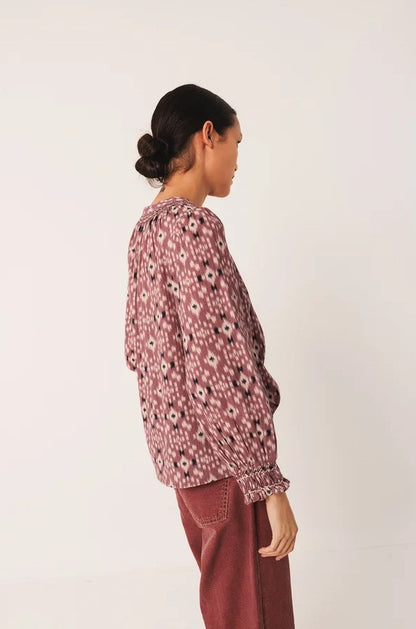 Blouse ikat pattern and smock detail in Raspberry | Indi & Cold