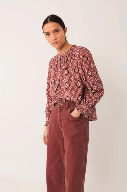 Blouse ikat pattern and smock detail in Raspberry | Indi & Cold
