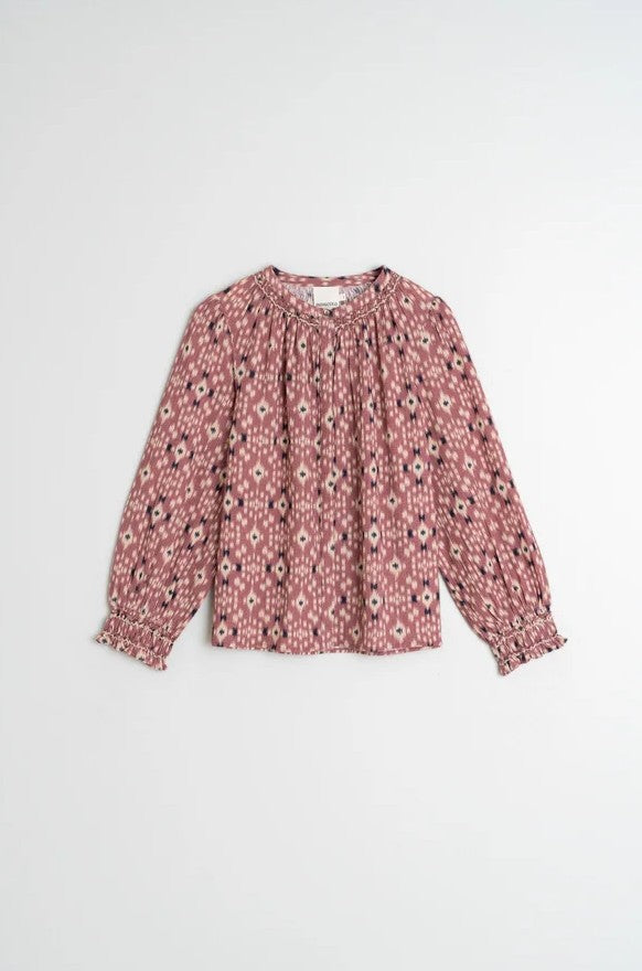 Blouse ikat pattern and smock detail in Raspberry | Indi & Cold
