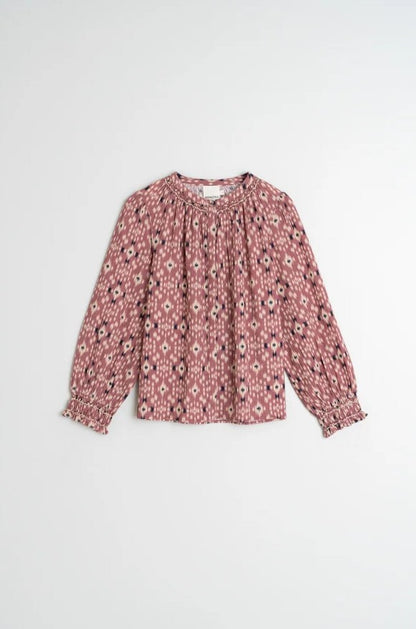 Blouse ikat pattern and smock detail in Raspberry | Indi & Cold