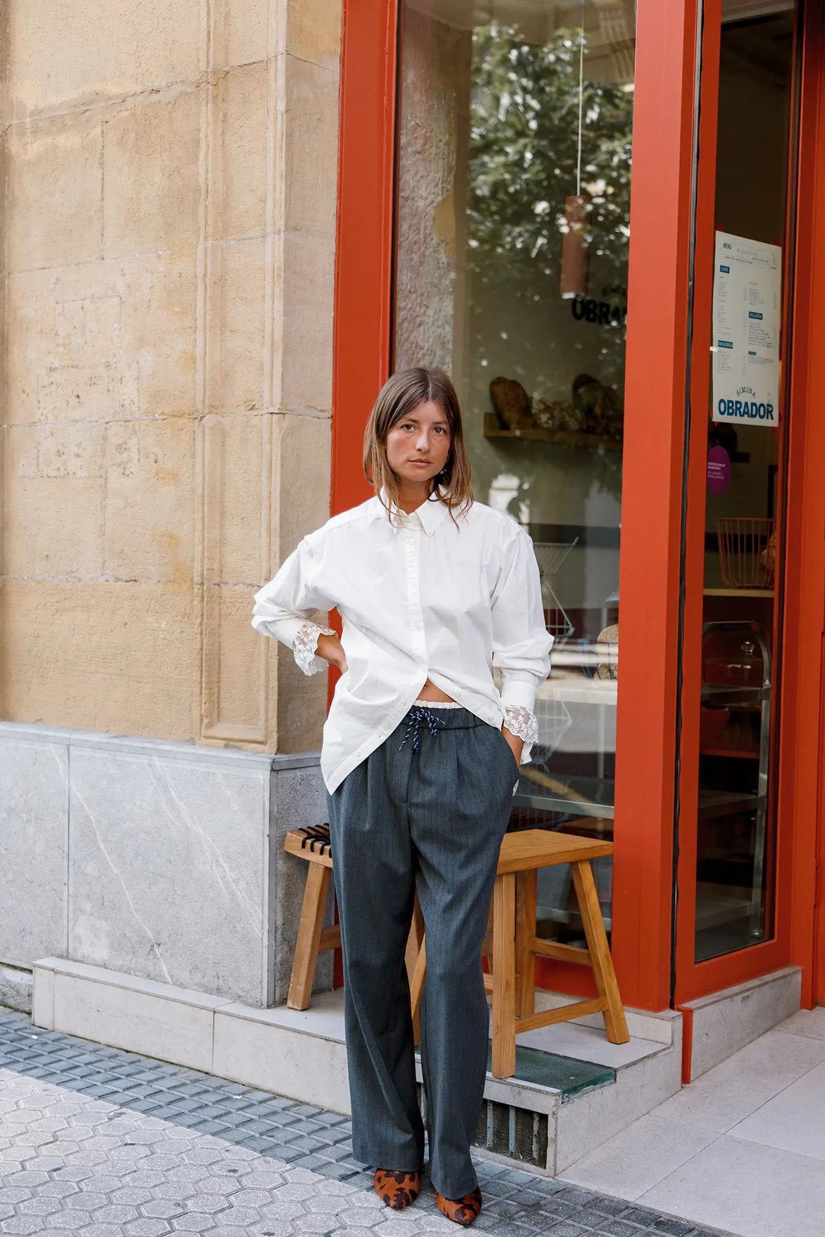 Indi & Cold High-Waisted Pinstripe Wide-Leg Pants in Dark Grey