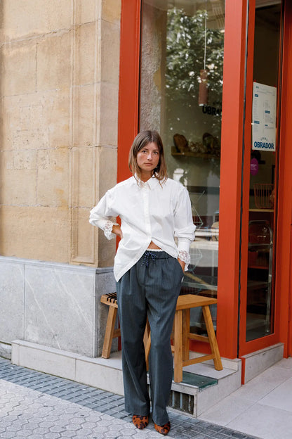 Indi & Cold High-Waisted Pinstripe Wide-Leg Pants in Dark Grey