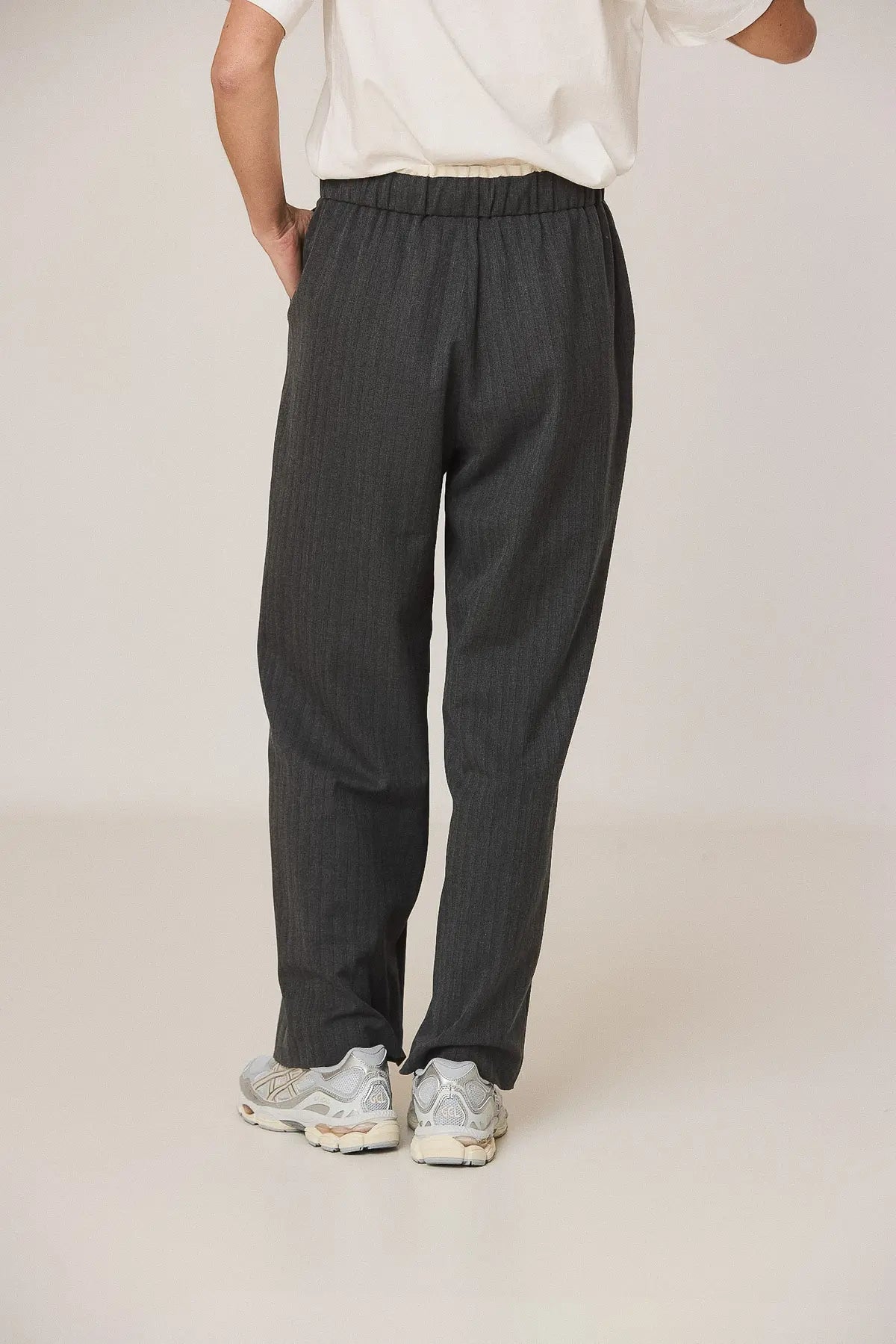 Indi & Cold High-Waisted Pinstripe Wide-Leg Pants in Dark Grey