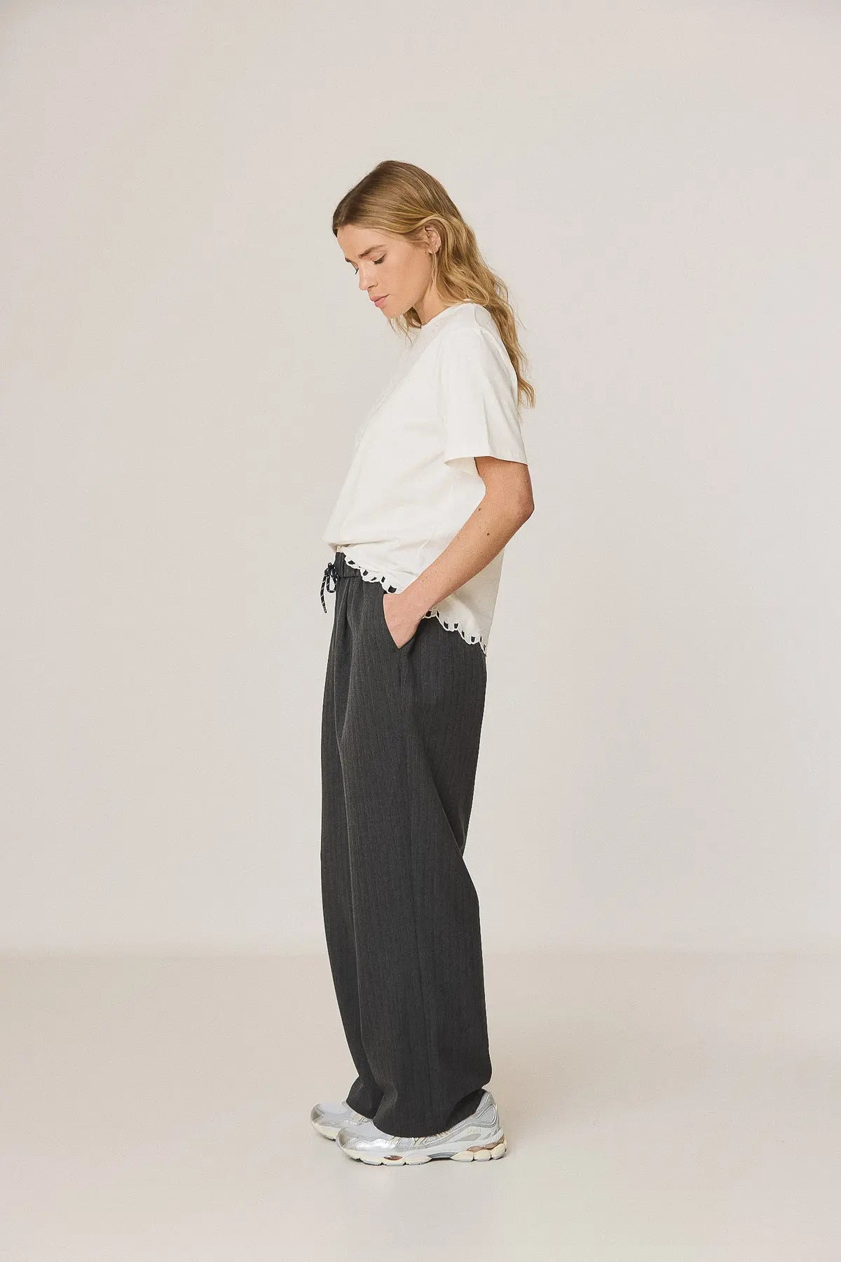 Indi & Cold High-Waisted Pinstripe Wide-Leg Pants in Dark Grey