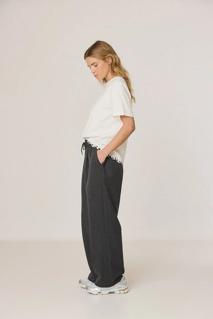 Indi & Cold High-Waisted Pinstripe Wide-Leg Pants in Dark Grey