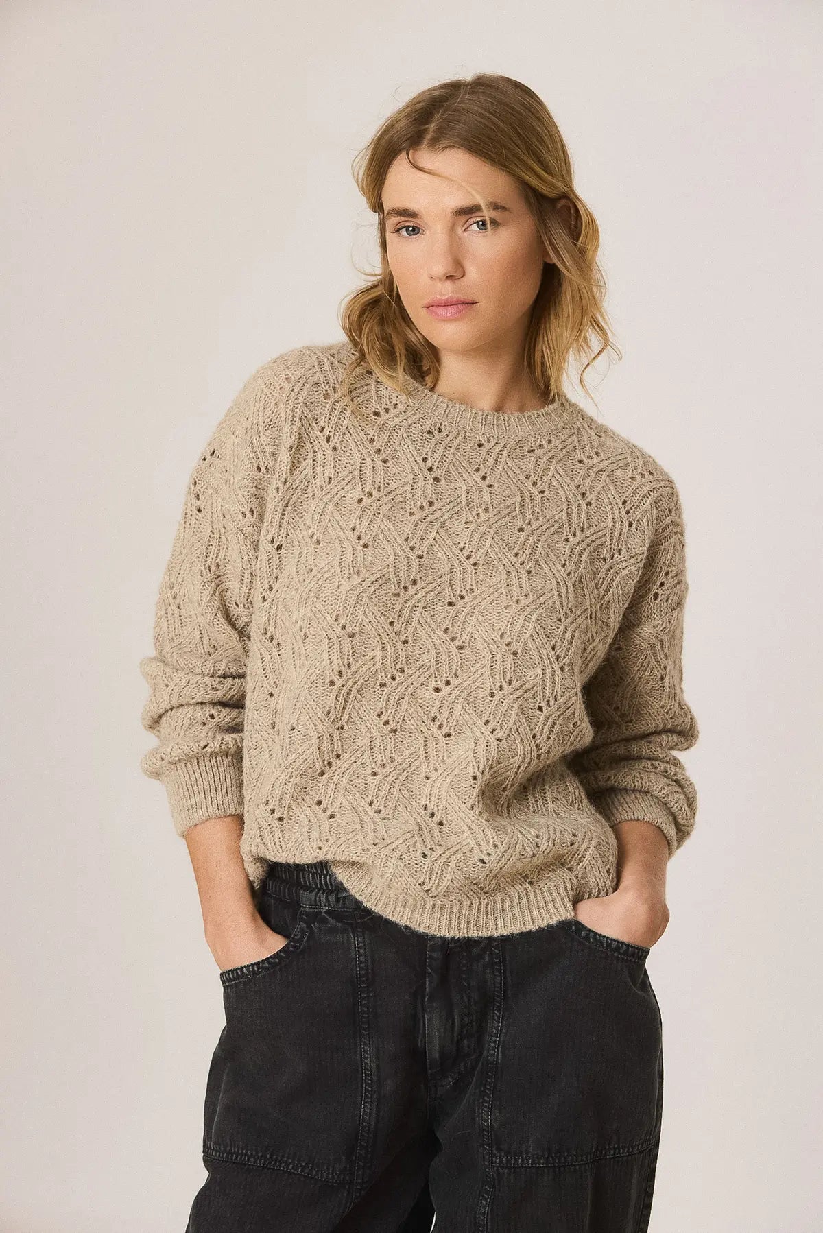 Indi & Cold Knitted Sweater with Ajour Pattern in Stone