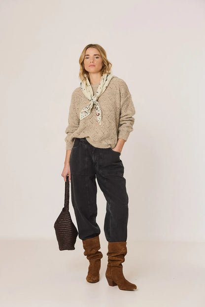 Indi & Cold Knitted Sweater with Ajour Pattern in Stone