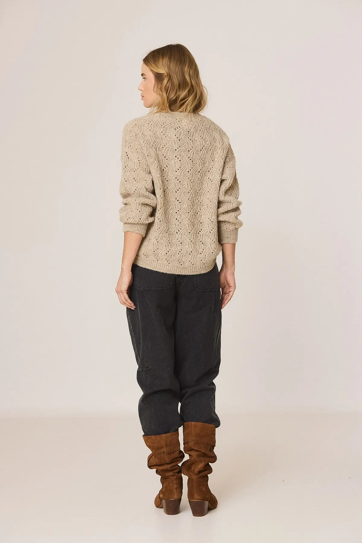 Indi & Cold Knitted Sweater with Ajour Pattern in Stone
