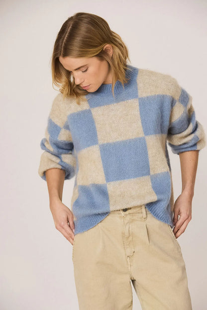 Indi & Cold Knitted Sweater with Block Pattern in Sky Blue