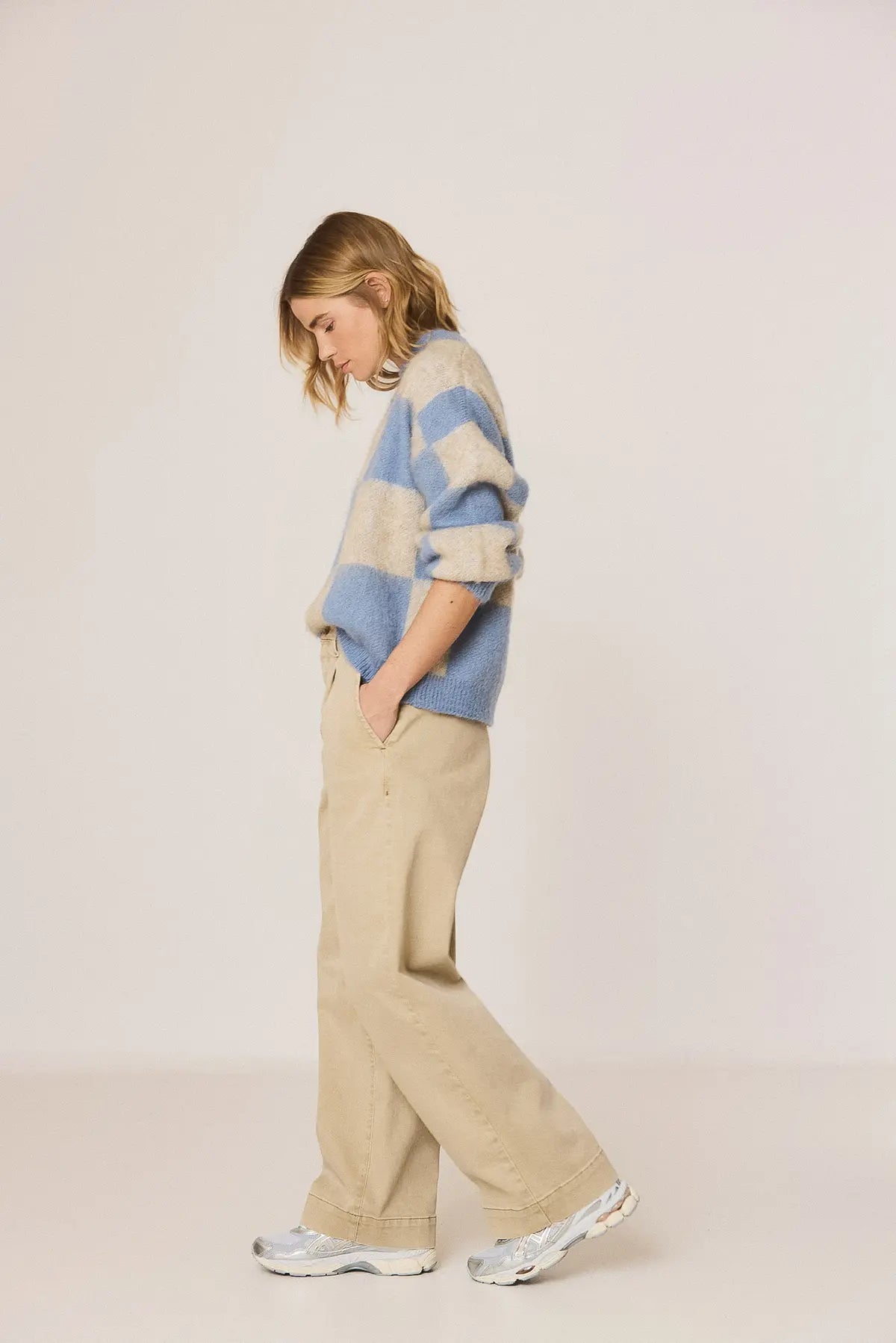Indi & Cold Knitted Sweater with Block Pattern in Sky Blue