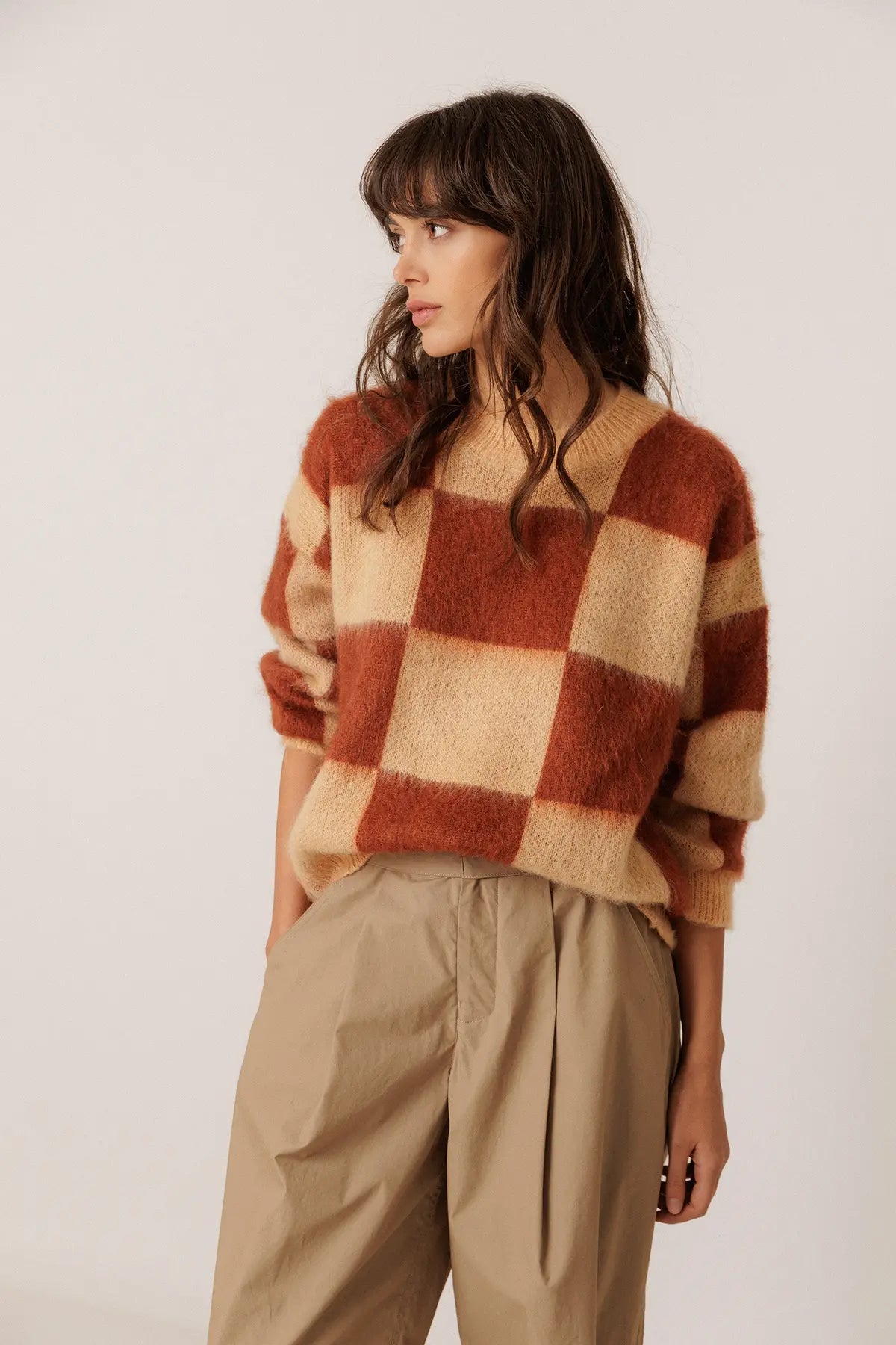 Indi & Cold Knitted Sweater with Block Pattern in Sienna