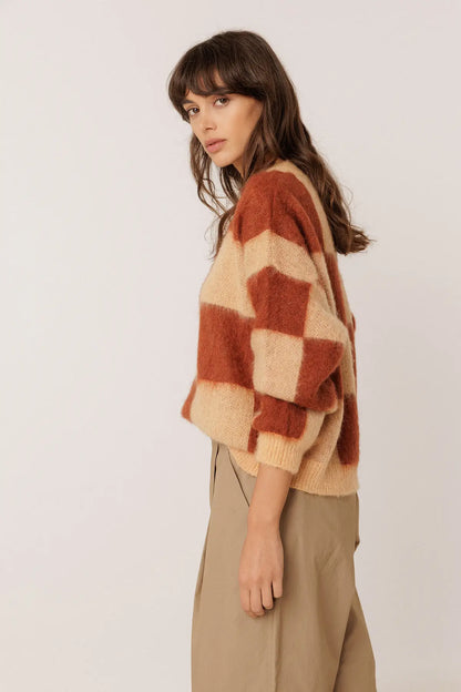 Indi & Cold Knitted Sweater with Block Pattern in Sienna