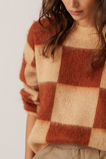 Indi & Cold Knitted Sweater with Block Pattern in Sienna