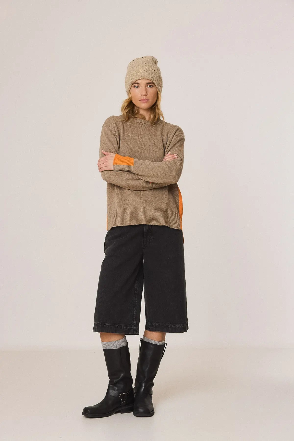 Indi & Cold Knitted Sweater with Color Detail in Taupe