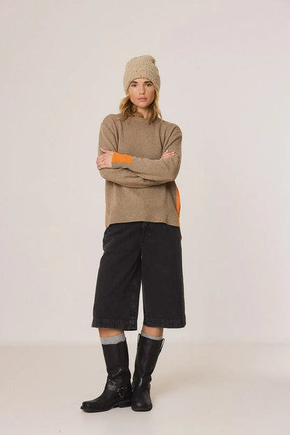 Indi & Cold Knitted Sweater with Color Detail in Taupe