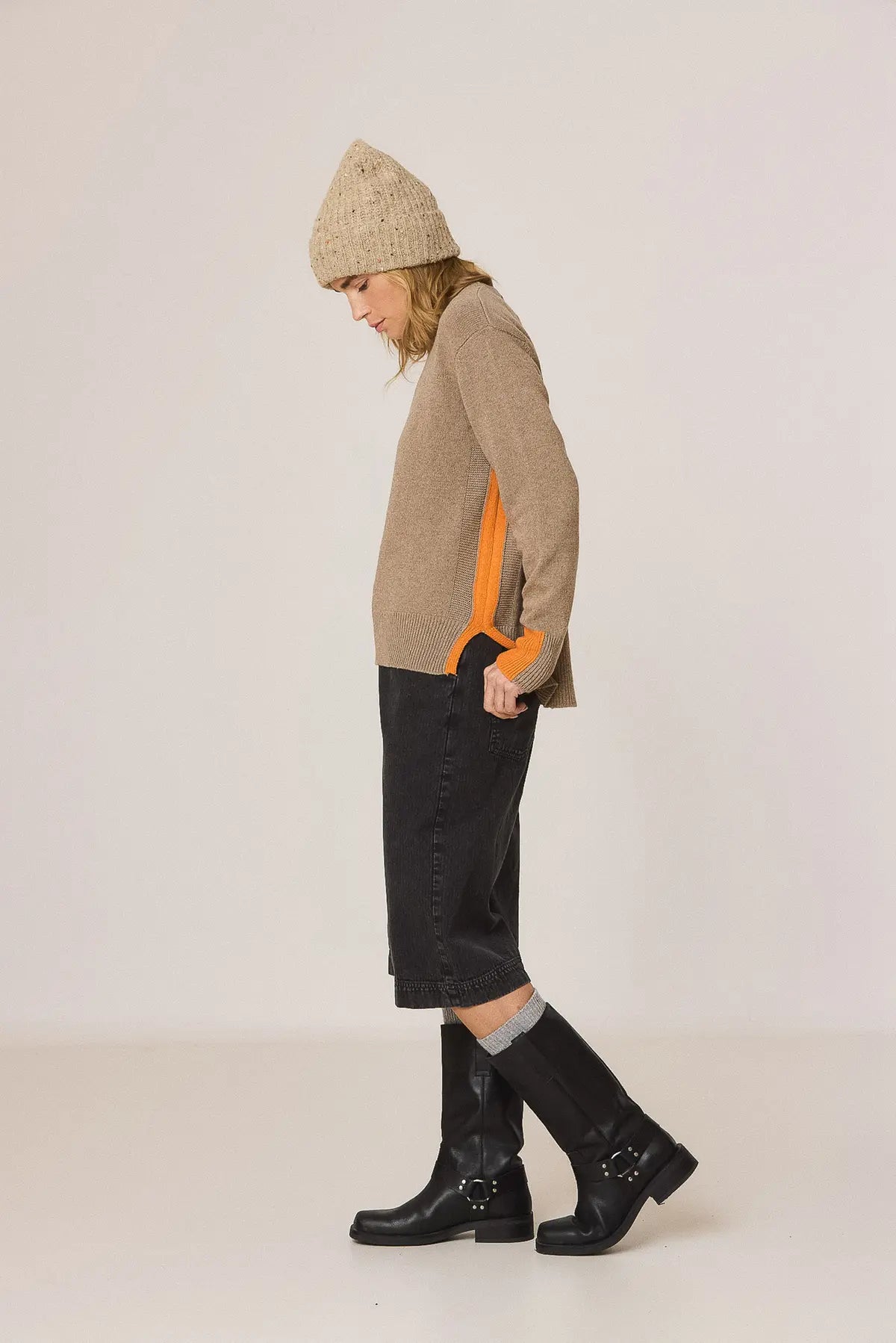 Indi & Cold Knitted Sweater with Color Detail in Taupe