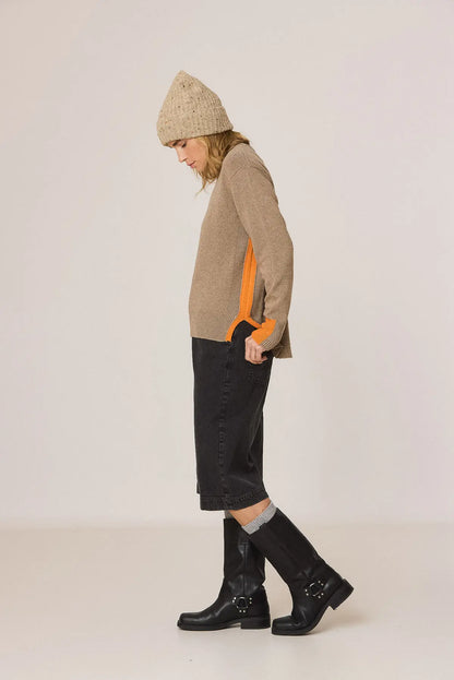 Indi & Cold Knitted Sweater with Color Detail in Taupe