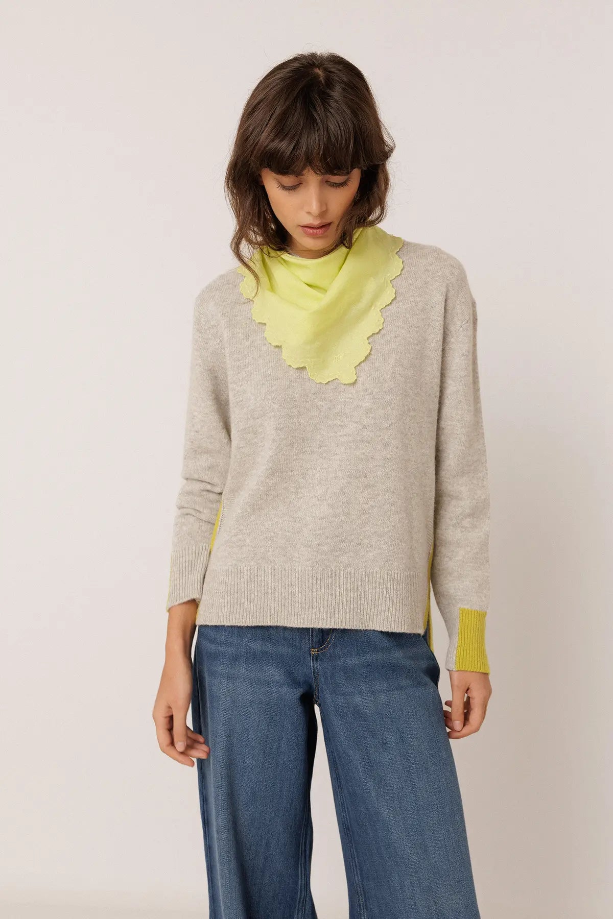 Indi & Cold Knitted Sweater with Color Detail in Grey Melange