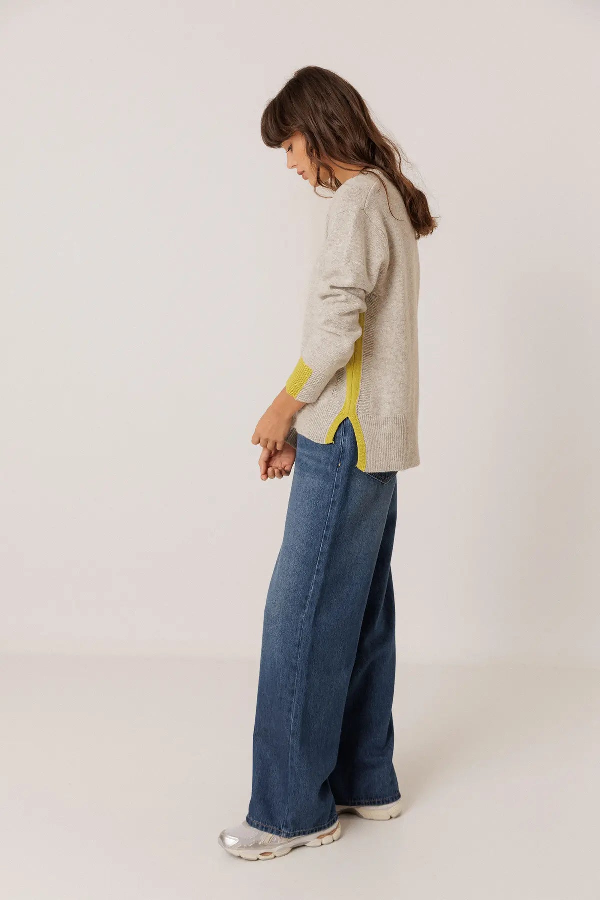 Indi & Cold Knitted Sweater with Color Detail in Grey Melange