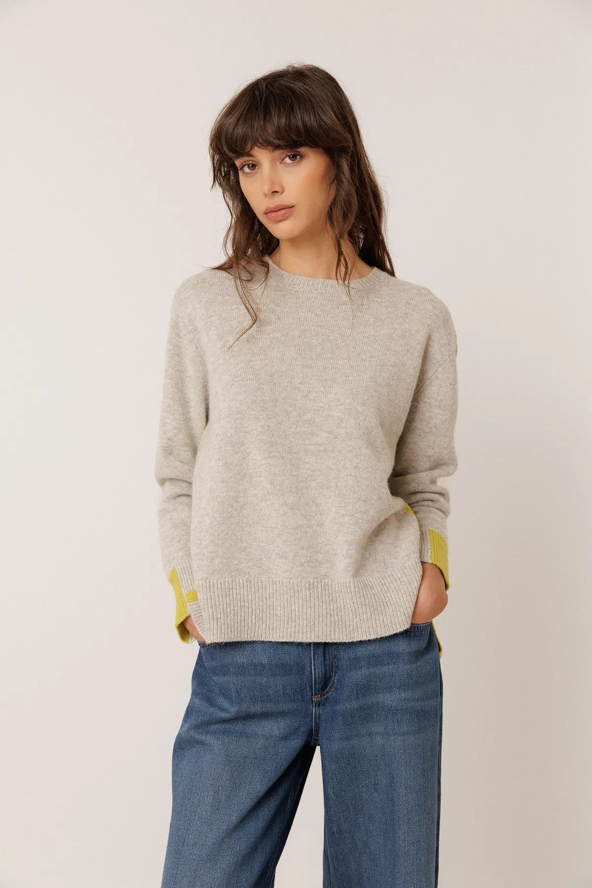 Indi & Cold Knitted Sweater with Color Detail in Grey Melange