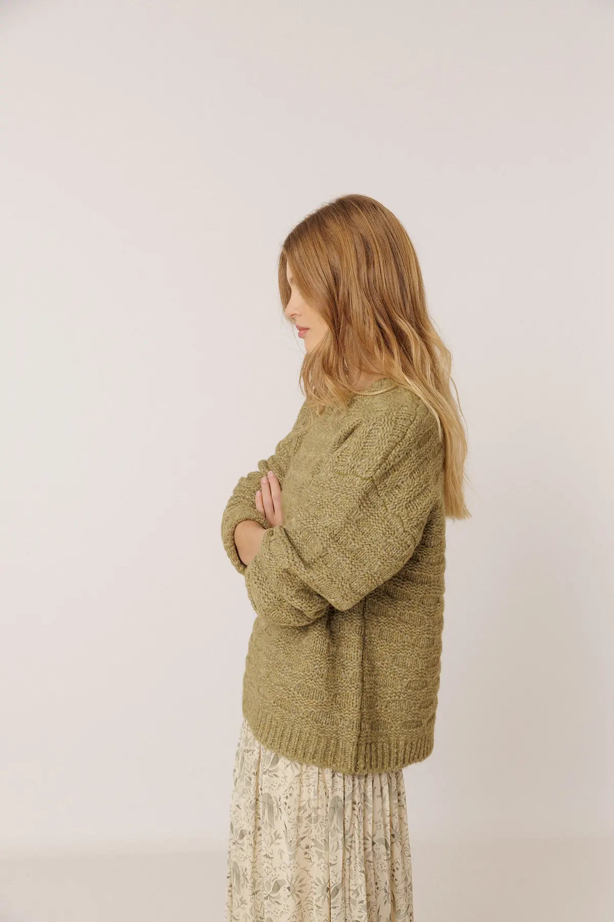 Indi & Cold Textured Knit Sweater in Green