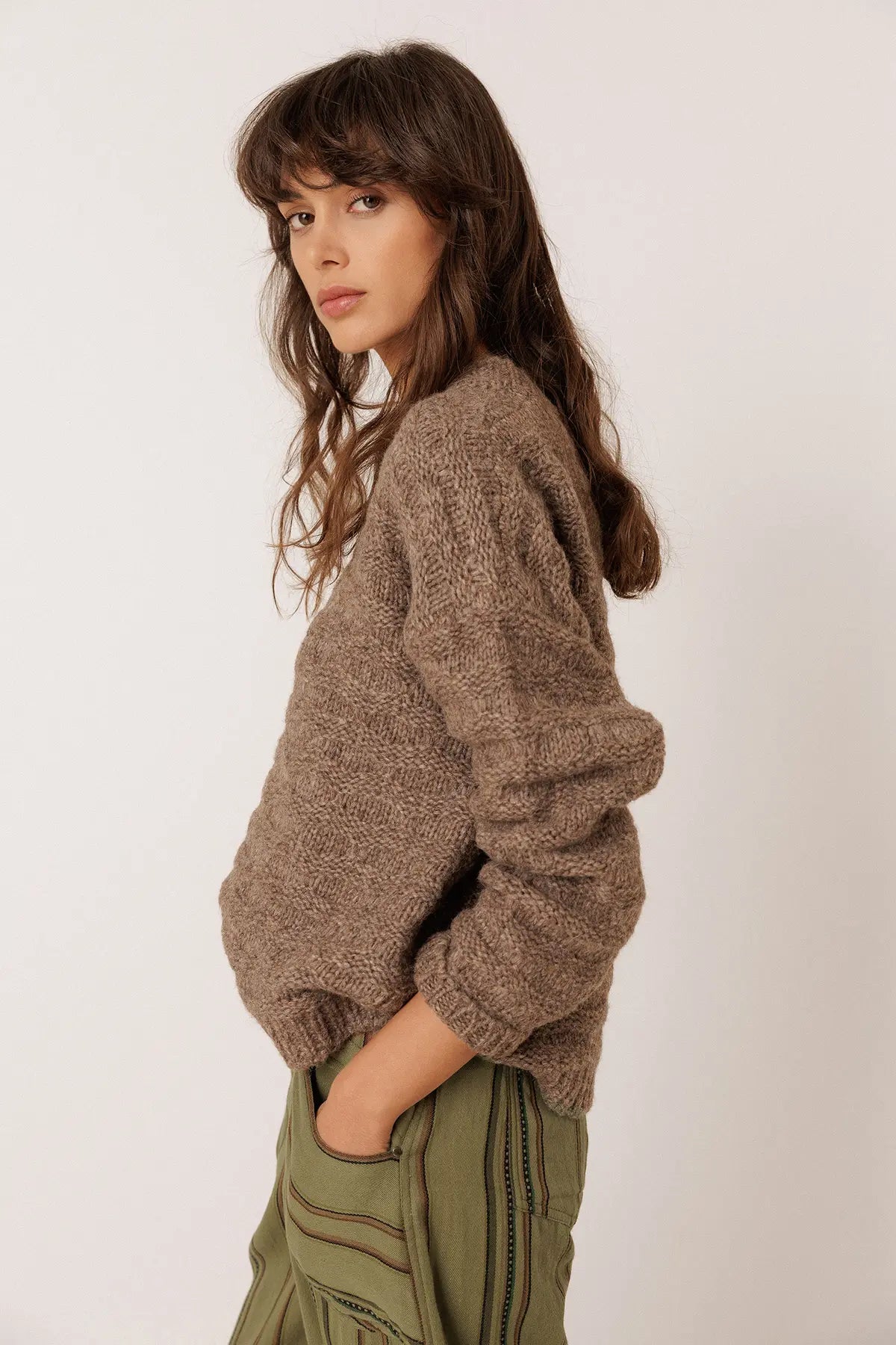 Indi & Cold Textured Knit Sweater in Taupe