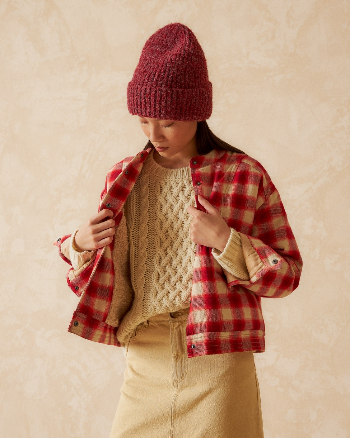 Checkered Quilted Jacket in Red | Indi & Cold