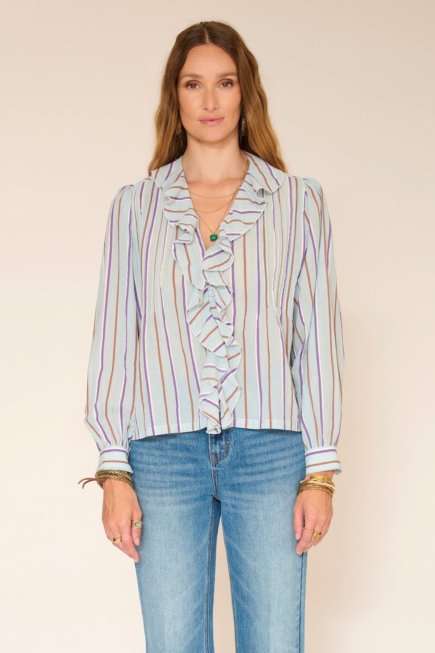 Blouse striped with ruffles in Light blue | MKT studio