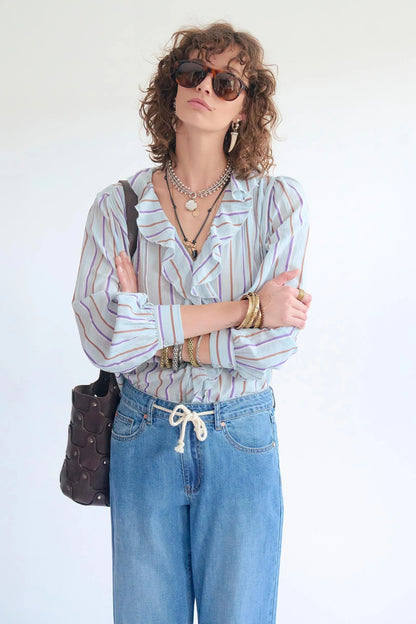 Blouse striped with ruffles in Light blue | MKT studio
