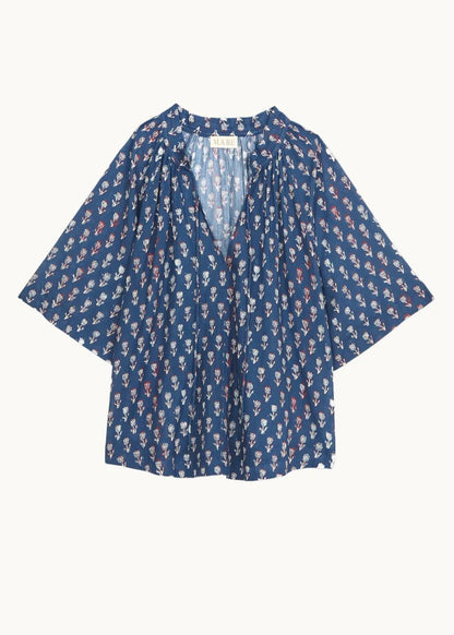 Short sleeve summer blouse with tulip print in Navy | M.A.B.E.