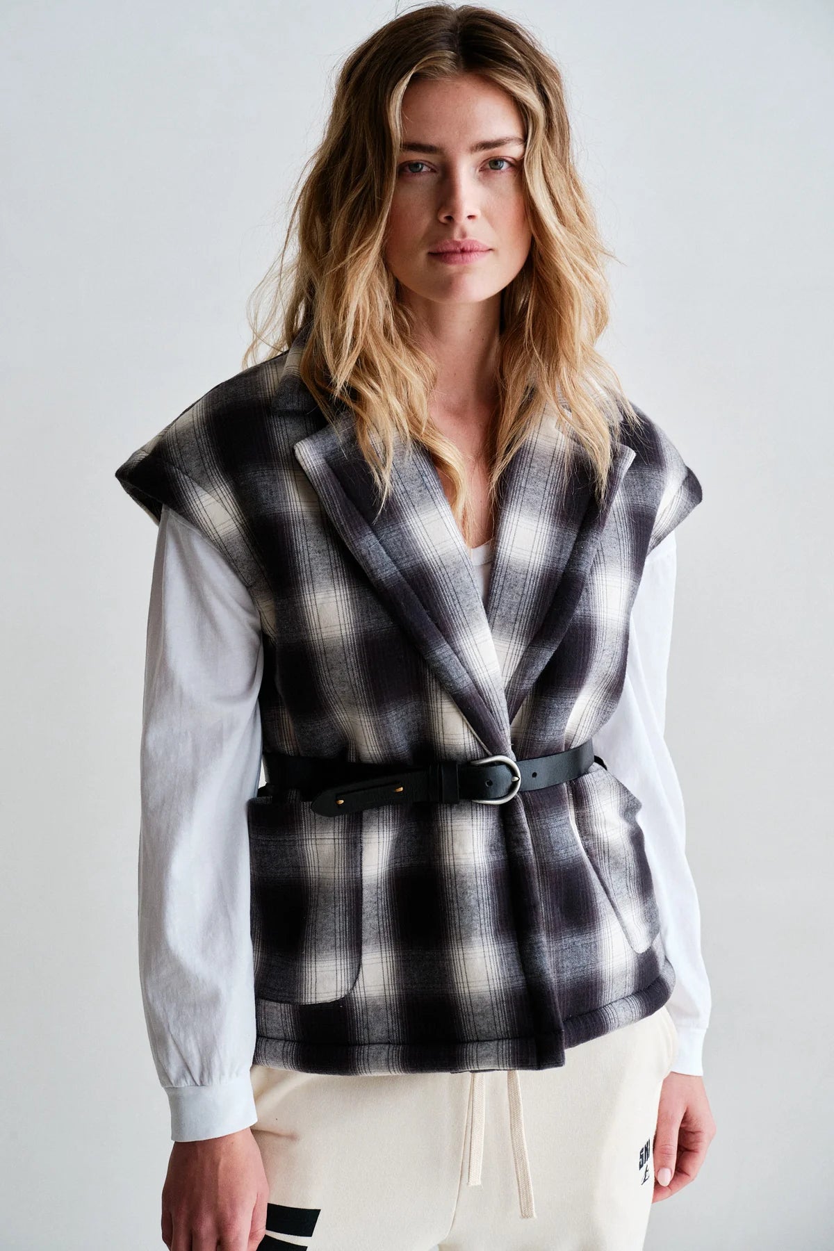 Penn & Ink Teddy-Lined Bodywarmer in Black & White Check