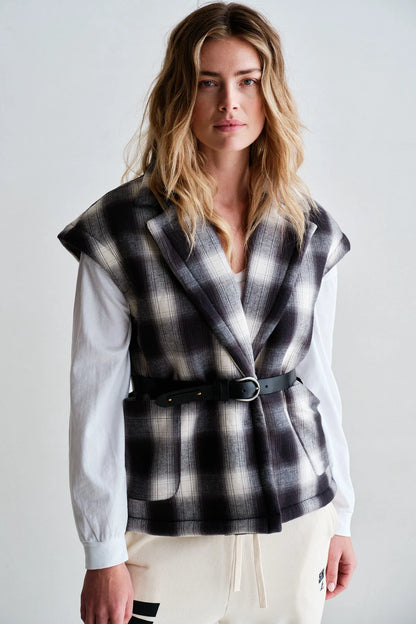 Penn & Ink Teddy-Lined Bodywarmer in Black & White Check