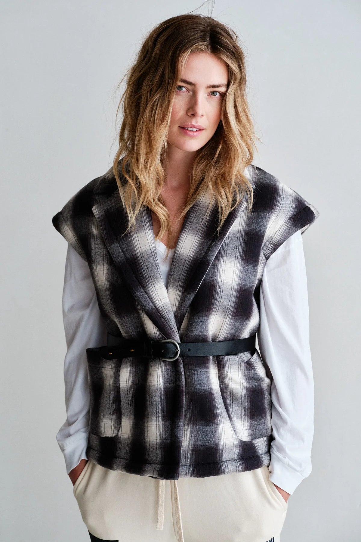 Penn & Ink Teddy-Lined Bodywarmer in Black & White Check