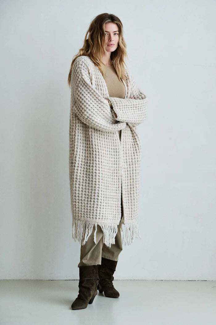 Penn & Ink Long Fringe Cardigan in Natural Melange
