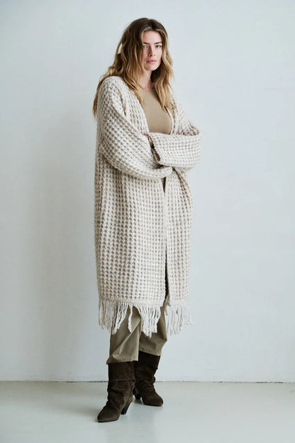 Penn & Ink Long Fringe Cardigan in Natural Melange