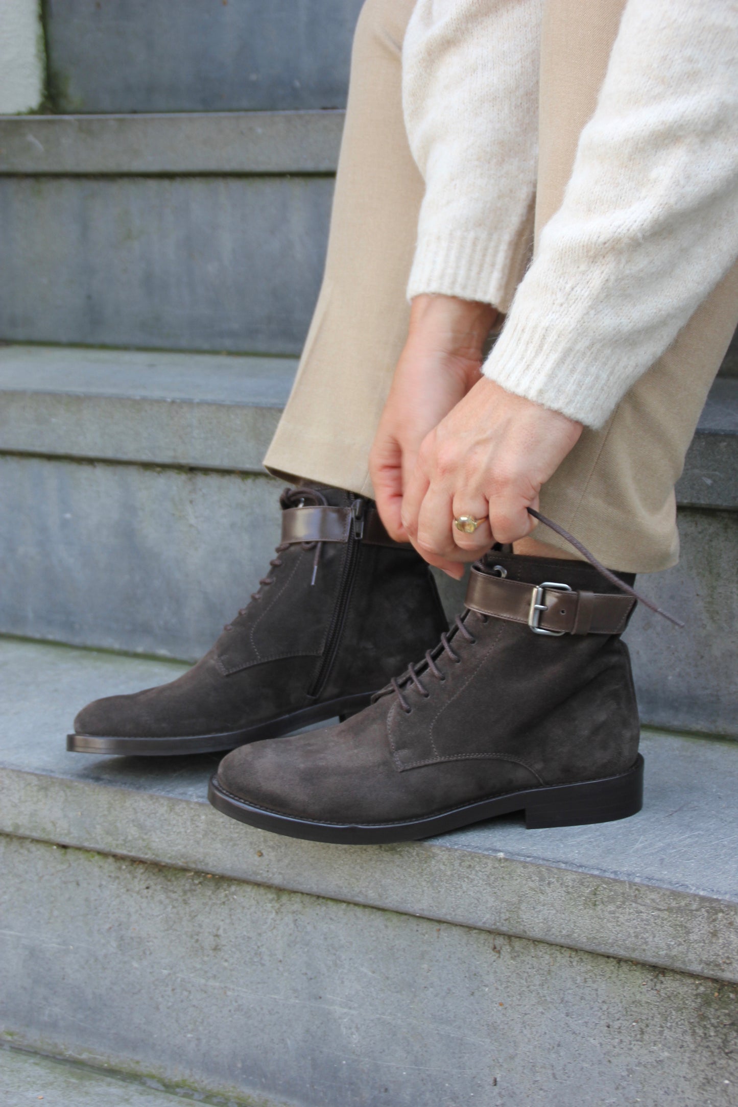 Zena lace up ankle boot in 'Dark olive' suede